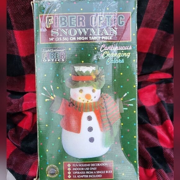 Fiber Optics Snowman decoration plug in light up 14" tall red green scarf hat - Picture 3 of 12